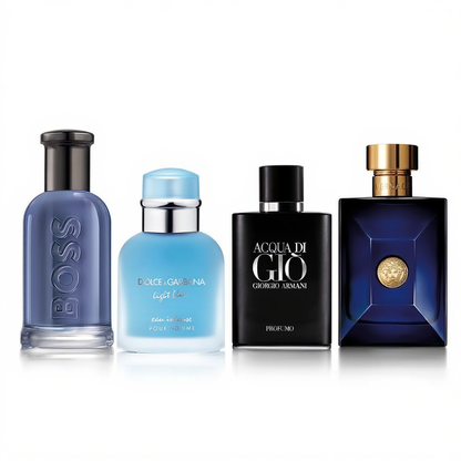 Zestaw Śródziemnomorskiej Świeżości: Giorgio Armani Acqua di Giò Profumo + Dolce & Gabbana Light Blue Intense + Versace Dylan Blue + Hugo Boss Bottled Infinite