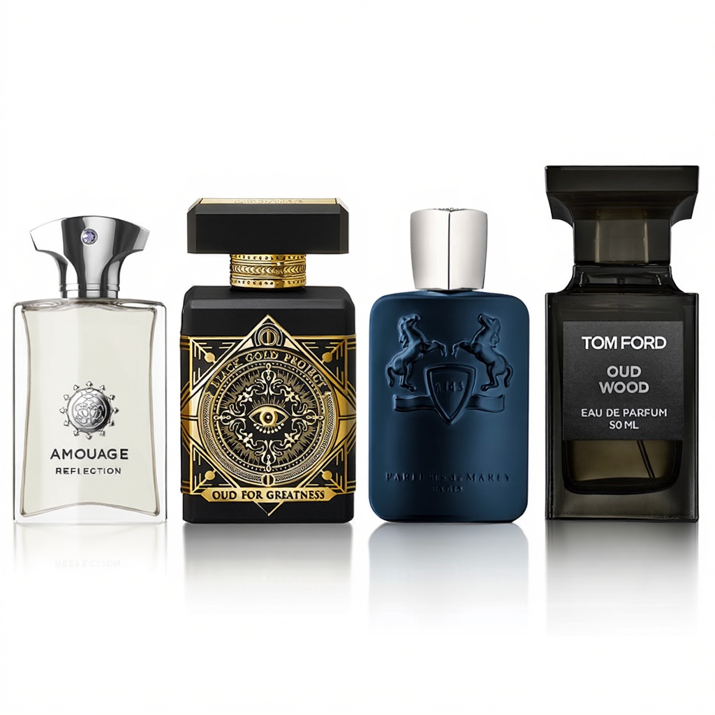 Zestaw Królewska Esencja: Parfums de Marly Layton + Tom Ford Oud Wood + Initio Oud for Greatness + Amouage Reflection Man