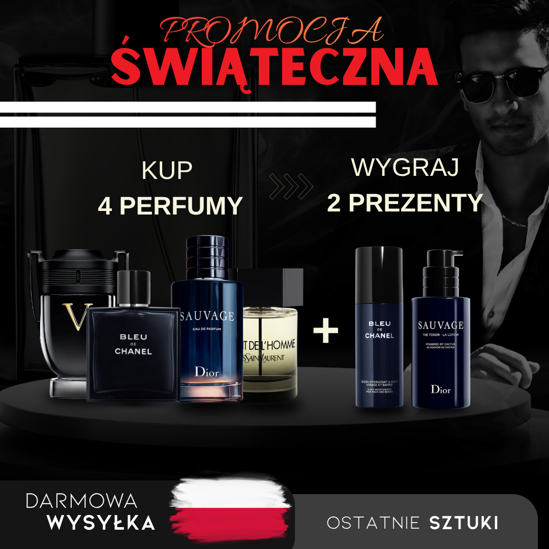 PROMOCJA ŚWIĄTECZNA: Kup 1, Otrzymaj 4: Invictus + Bleu de Chanel + Sauvage + La Nuit de L’Homme (każdy 100 ml) + 2 Ekskluzywne Prezenty