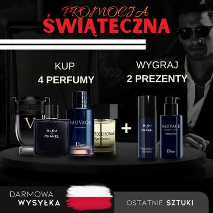 PROMOCJA ŚWIĄTECZNA: Kup 1, Otrzymaj 4: Invictus + Bleu de Chanel + Sauvage + La Nuit de L’Homme (każdy 100 ml) + 2 Ekskluzywne Prezenty