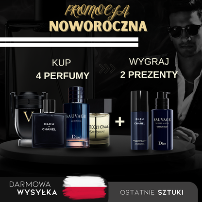 PROMOCJA NOWOROCZNA: Kup 1, Otrzymaj 4: Invictus + Bleu de Chanel + Sauvage + La Nuit de L’Homme (każdy 100 ml) + 2 Ekskluzywne Prezenty